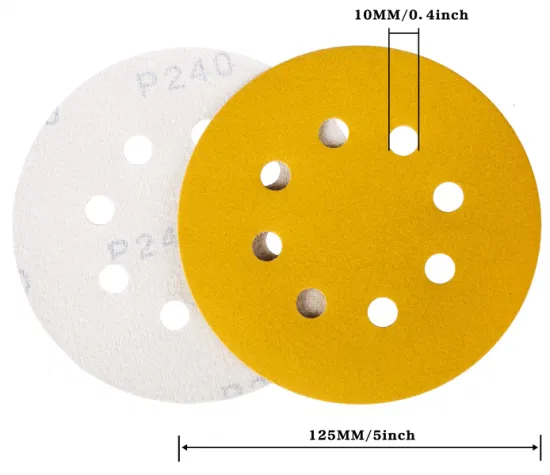 Disco abrasivo giallo da 4 pollici Disco abrasivo in carta vetrata all'ossido di alluminio da 8 fori da 5 pollici